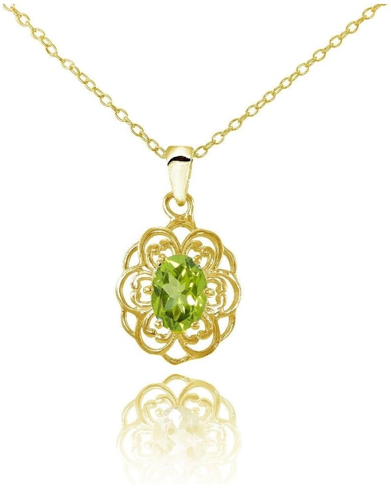 Sterling Silver or Yellow Gold Flashed Gemstone Oval Filigree Flower Necklace Peridot- Gold Flash $14.00 Necklaces