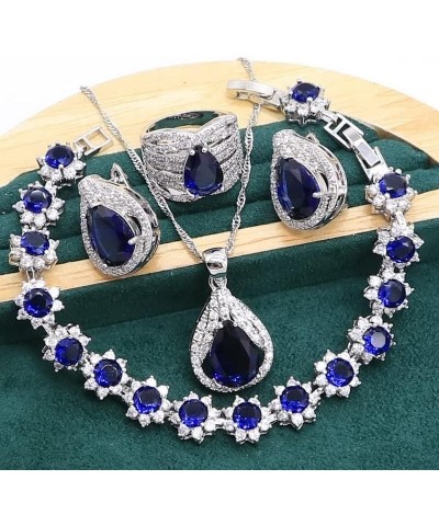 Royal Blue Sapphire 925 Sterling Silver Jewelry set for Women Bracelet Hoop Earrings Necklace pendant Ring (White 4pcs-7) Whi...