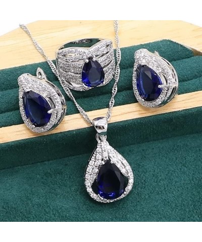 Royal Blue Sapphire 925 Sterling Silver Jewelry set for Women Bracelet Hoop Earrings Necklace pendant Ring (White 4pcs-7) Whi...