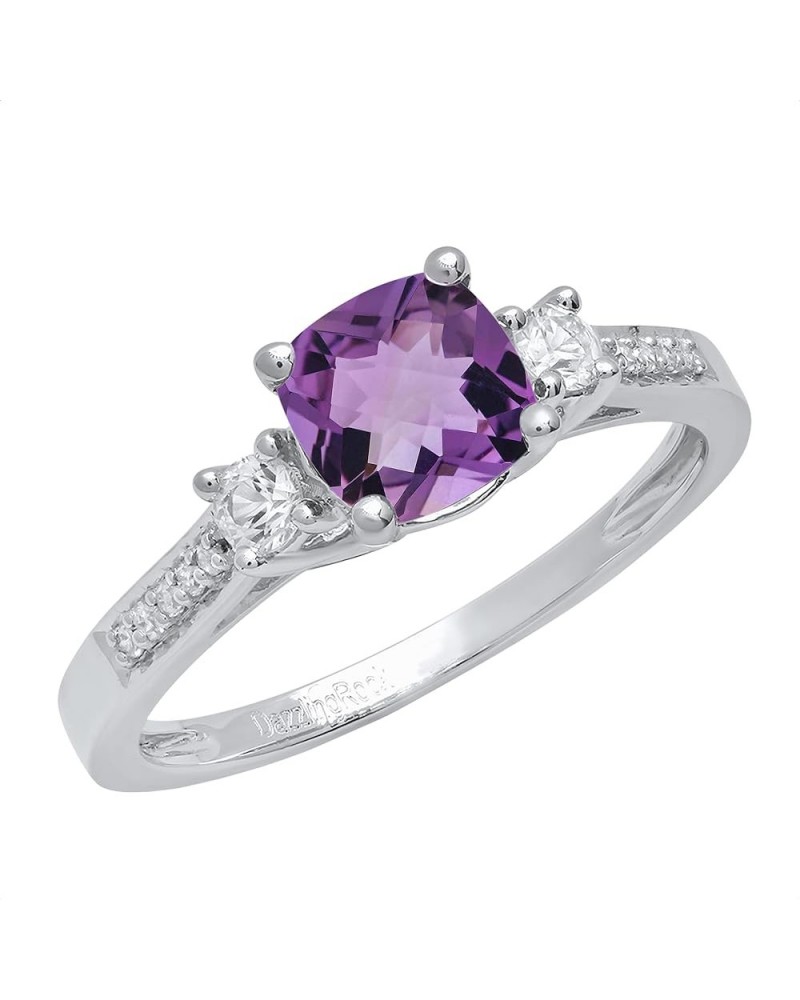 6mm Cushion Amethyst & Round White Sapphire with White Diamond 3 Stone Style Engagement Ring in 10K Gold 6.5 White Gold $95.7...