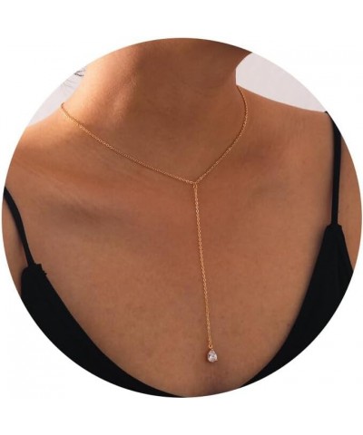 Lariat Necklace for Women Gold Long Y Necklace Trendy 14K Gold Plated Layered Drop Necklace Dainty CZ Pearl Bar lariat Neckla...