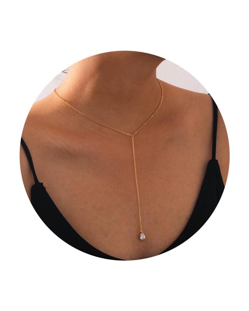 Lariat Necklace for Women Gold Long Y Necklace Trendy 14K Gold Plated Layered Drop Necklace Dainty CZ Pearl Bar lariat Neckla...