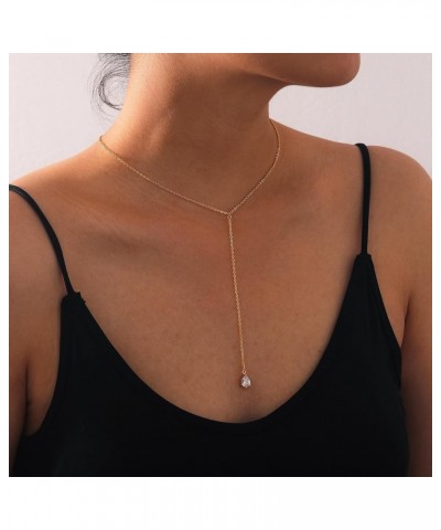 Lariat Necklace for Women Gold Long Y Necklace Trendy 14K Gold Plated Layered Drop Necklace Dainty CZ Pearl Bar lariat Neckla...