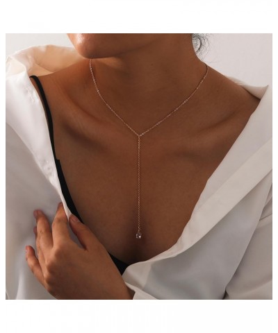 Lariat Necklace for Women Gold Long Y Necklace Trendy 14K Gold Plated Layered Drop Necklace Dainty CZ Pearl Bar lariat Neckla...