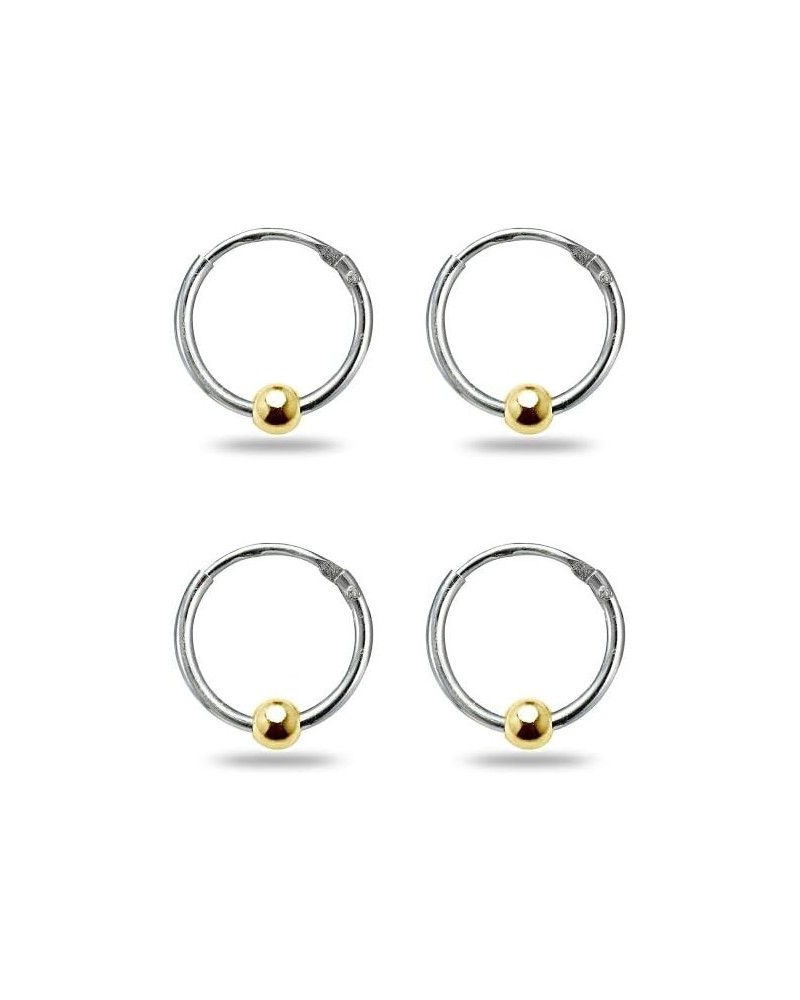 Sterling Silver Ball Bead Small Endless 10mm Thin Round Unisex Hoop Earrings for Men Women Set of 2 Pairs Sterling Silver w/ ...