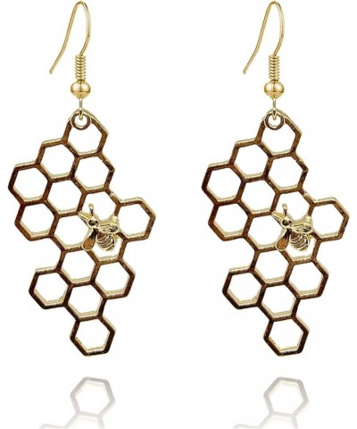 Simple Geometric Hexagon Honeycomb Beehive Dangle Earrings Creative Insect Little Bee Earrings For Women Girls gold $7.53 Ear...