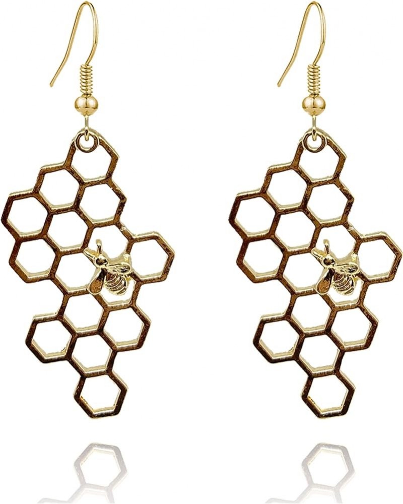 Simple Geometric Hexagon Honeycomb Beehive Dangle Earrings Creative Insect Little Bee Earrings For Women Girls gold $7.53 Ear...