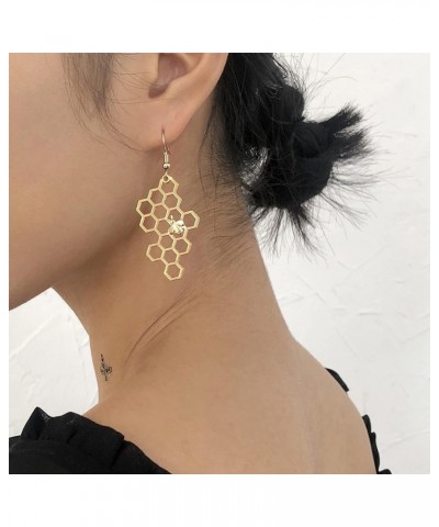 Simple Geometric Hexagon Honeycomb Beehive Dangle Earrings Creative Insect Little Bee Earrings For Women Girls gold $7.53 Ear...