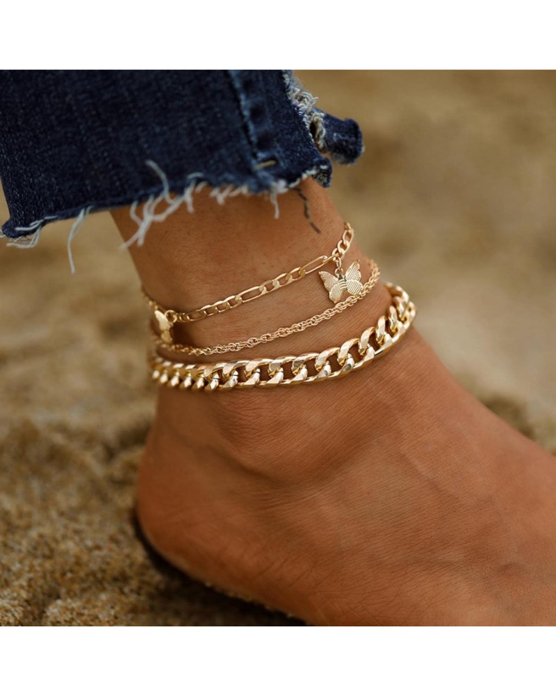 Layered Butterfly Anklet Punk Cuban Link Ankle Bracelets Gold Figaro Chain Anklet Twist Chain Anklet Summer Beach Barefoot Fo...