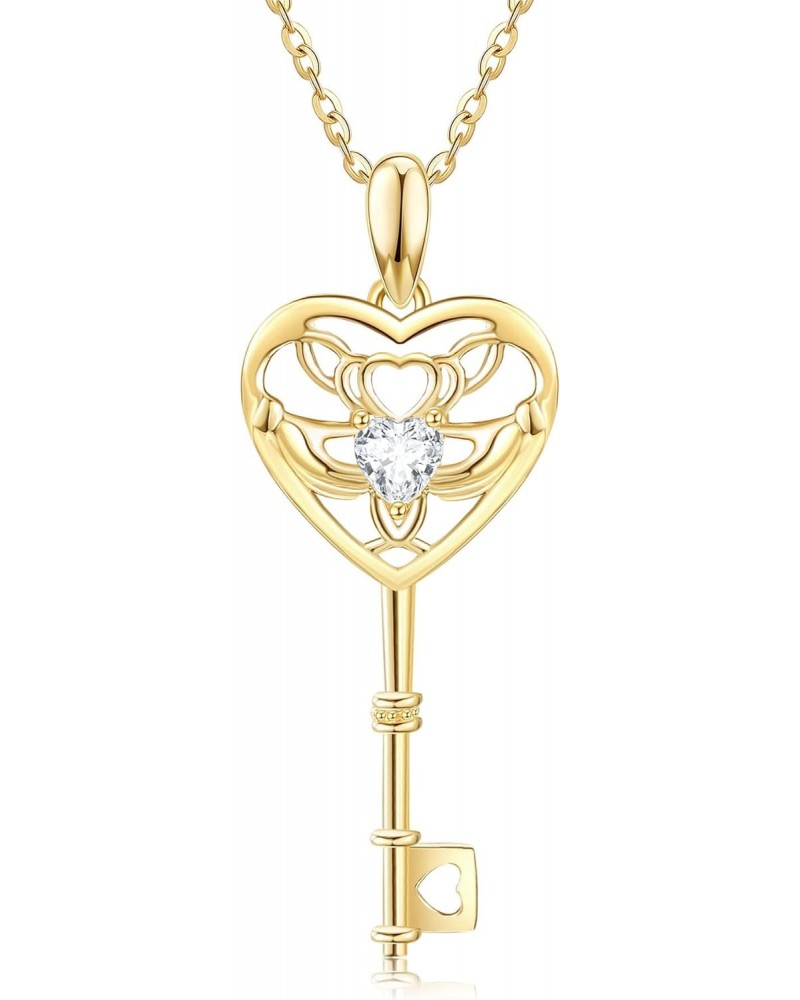 14k Real Gold Irish Claddagh Key Necklaces For Women Celtic Knot Trinity Key Necklace Jewelry Gifts For Girls Lover $101.00 N...