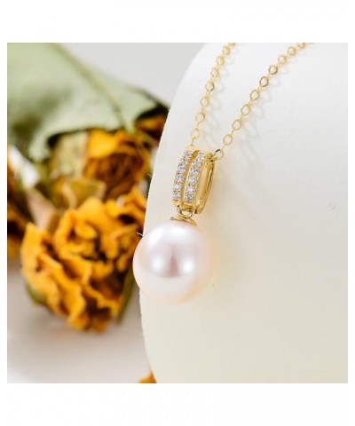 14K Gold Pearl Necklace for Women, Real Yellow Gold 0.35 inch Pearl Pendant Necklace with Cubic Zirconia, for Girls Ladies Mo...