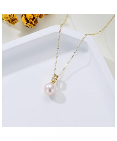 14K Gold Pearl Necklace for Women, Real Yellow Gold 0.35 inch Pearl Pendant Necklace with Cubic Zirconia, for Girls Ladies Mo...