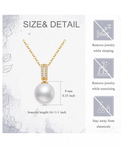 14K Gold Pearl Necklace for Women, Real Yellow Gold 0.35 inch Pearl Pendant Necklace with Cubic Zirconia, for Girls Ladies Mo...