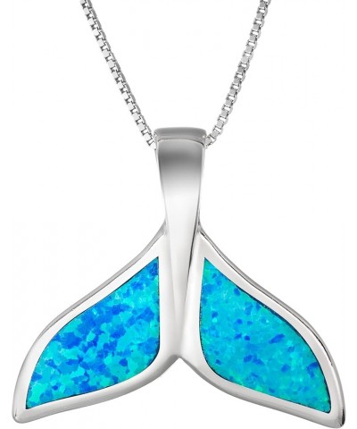 925 Sterling Silver Opal Whale Tail Necklace Pendant with 18" Box Chain, Blue White Opal, Nickel Free Hypoallergenic for Sens...