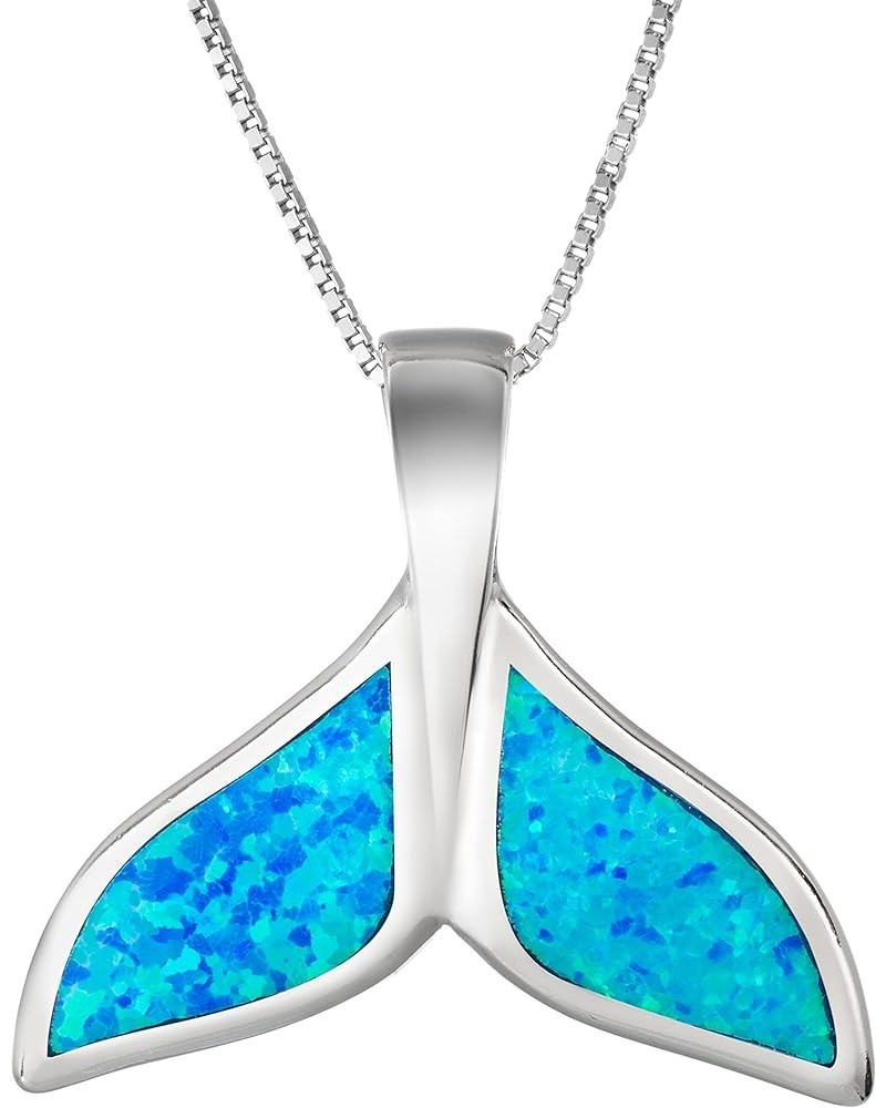 925 Sterling Silver Opal Whale Tail Necklace Pendant with 18" Box Chain, Blue White Opal, Nickel Free Hypoallergenic for Sens...