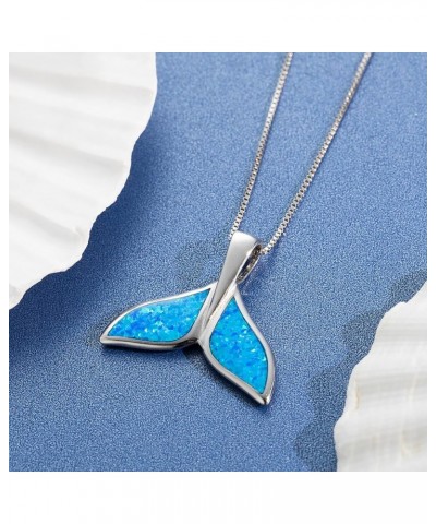 925 Sterling Silver Opal Whale Tail Necklace Pendant with 18" Box Chain, Blue White Opal, Nickel Free Hypoallergenic for Sens...