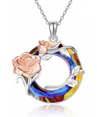 Rose Necklace for Women 925 Sterling Silver Circle Blue Crystal Rose Pendant Necklace Flower Circle Crystal Necklace Flower J...