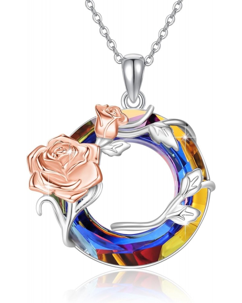 Rose Necklace for Women 925 Sterling Silver Circle Blue Crystal Rose Pendant Necklace Flower Circle Crystal Necklace Flower J...