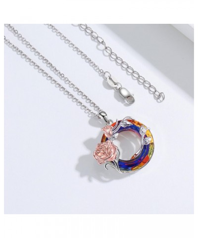 Rose Necklace for Women 925 Sterling Silver Circle Blue Crystal Rose Pendant Necklace Flower Circle Crystal Necklace Flower J...