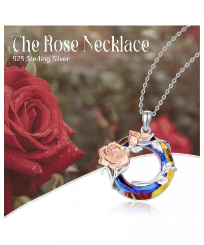 Rose Necklace for Women 925 Sterling Silver Circle Blue Crystal Rose Pendant Necklace Flower Circle Crystal Necklace Flower J...