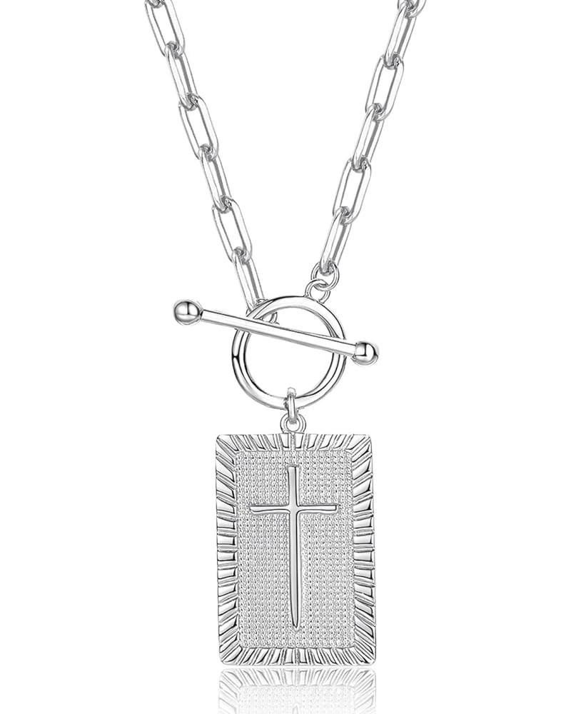 Womens Cross Dog Tag Pendant Necklace | Christian Paperclip Toggle Chain - 18.5'' Silver $9.81 Necklaces