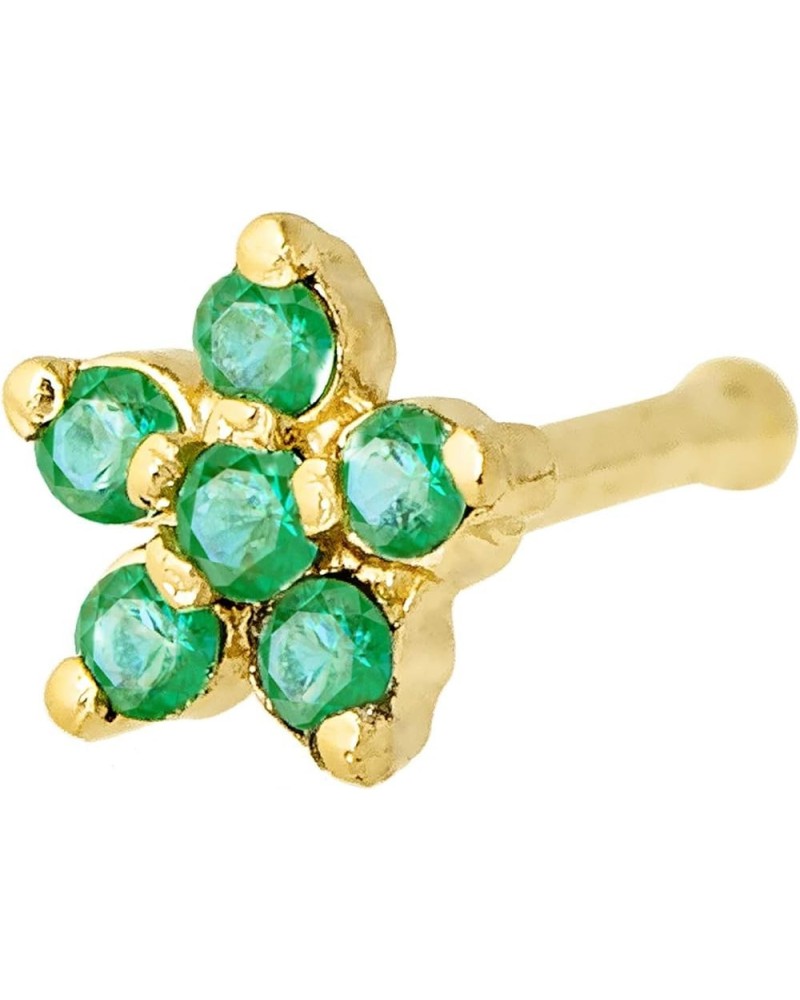 22G Solid 14K Gold 6-Stone 0.05ctw Emerald Flower Nose Stud - Nose Bone/L-Shape/Nose Screw Stud Nose Ring - May Birthstone No...