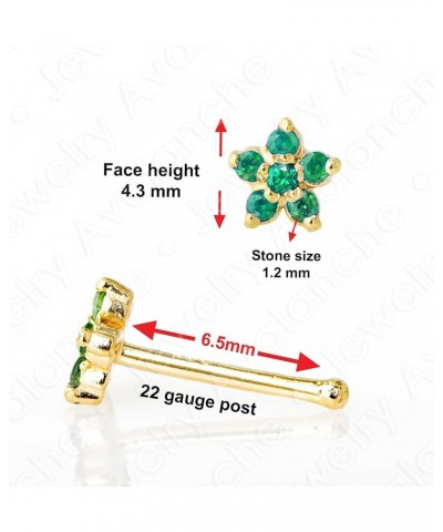 22G Solid 14K Gold 6-Stone 0.05ctw Emerald Flower Nose Stud - Nose Bone/L-Shape/Nose Screw Stud Nose Ring - May Birthstone No...