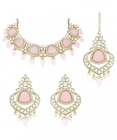 Gold Plated Wedding Pearl Kundan & Stone Studded Jewellery Necklace Set with Maang Tikka for Women Pink $17.10 Jewelry Sets