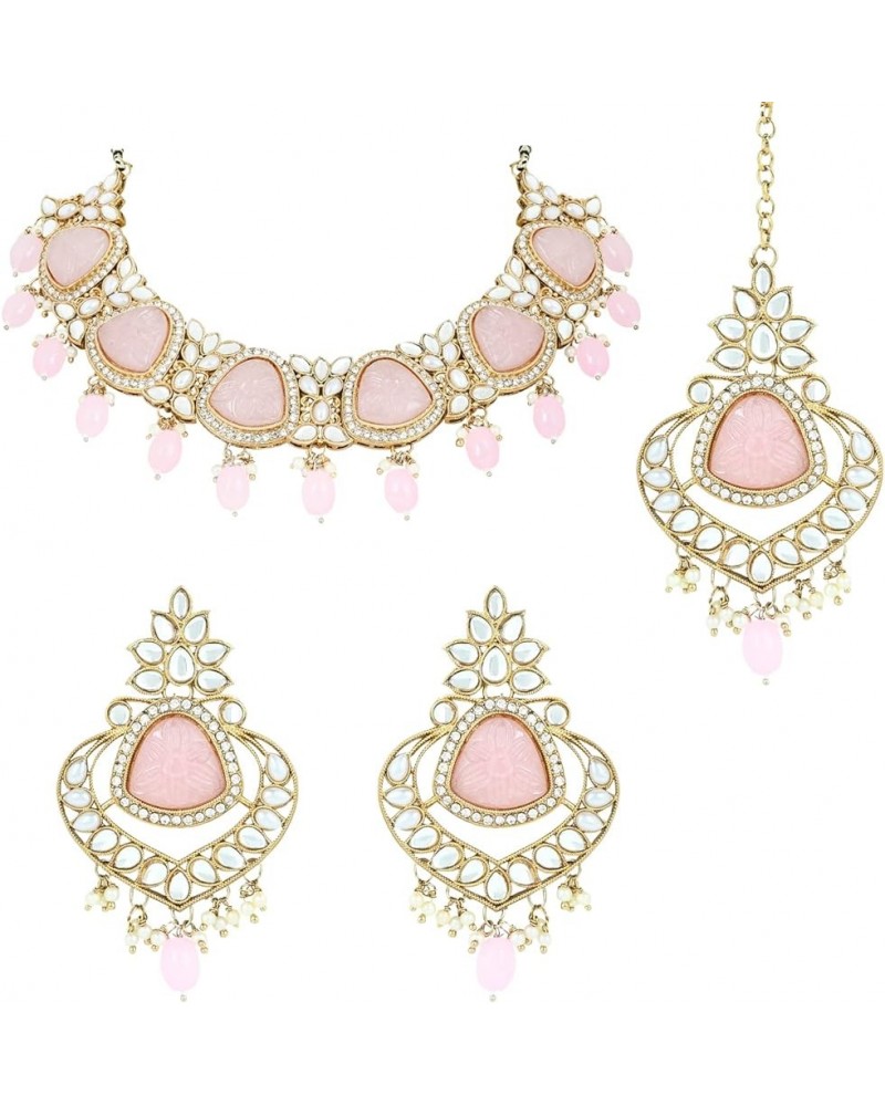 Gold Plated Wedding Pearl Kundan & Stone Studded Jewellery Necklace Set with Maang Tikka for Women Pink $17.10 Jewelry Sets