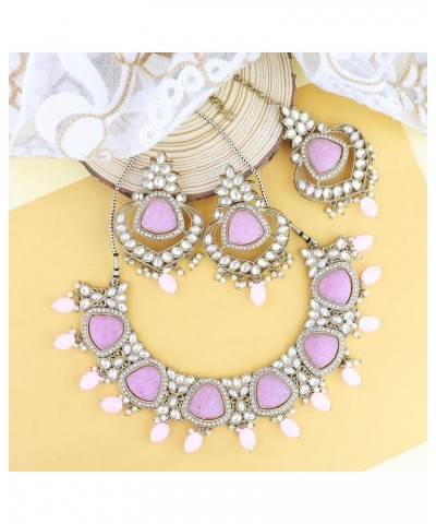 Gold Plated Wedding Pearl Kundan & Stone Studded Jewellery Necklace Set with Maang Tikka for Women Pink $17.10 Jewelry Sets