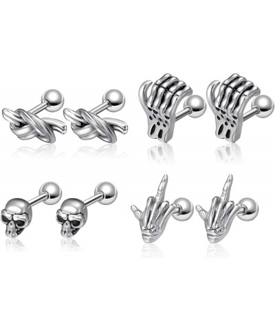 4 Pairs 16G Punk Stud Skull Skeleton Hand Earrings for men Ear Lobe Cartilage Helix Studs Men Women Rock Gothic Piercing Earr...