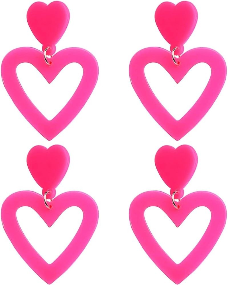 2 Pcs Hot Pink Earrings for Women Girls Acrylic Dangle Earrings Set Hollow Love Heart Earrings Trendy Boho Summer Beach Candy...