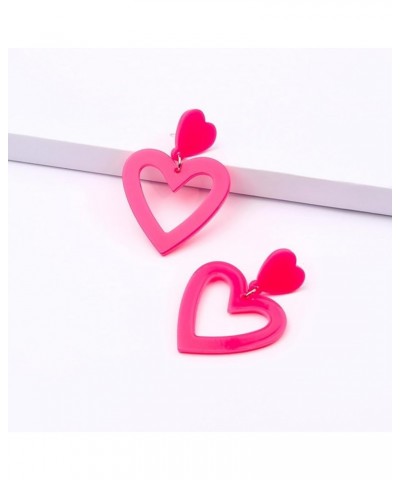 2 Pcs Hot Pink Earrings for Women Girls Acrylic Dangle Earrings Set Hollow Love Heart Earrings Trendy Boho Summer Beach Candy...