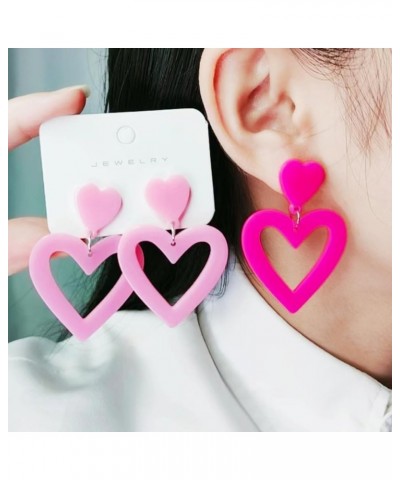 2 Pcs Hot Pink Earrings for Women Girls Acrylic Dangle Earrings Set Hollow Love Heart Earrings Trendy Boho Summer Beach Candy...