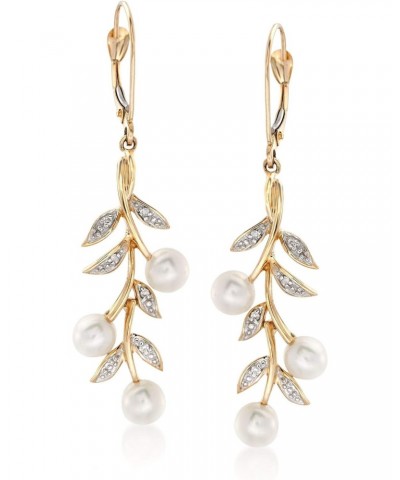 5mm Cultured Pearl and Diamond Accent Leaf Drop Earrings in 14kt Yellow Gold $228.48 Earrings