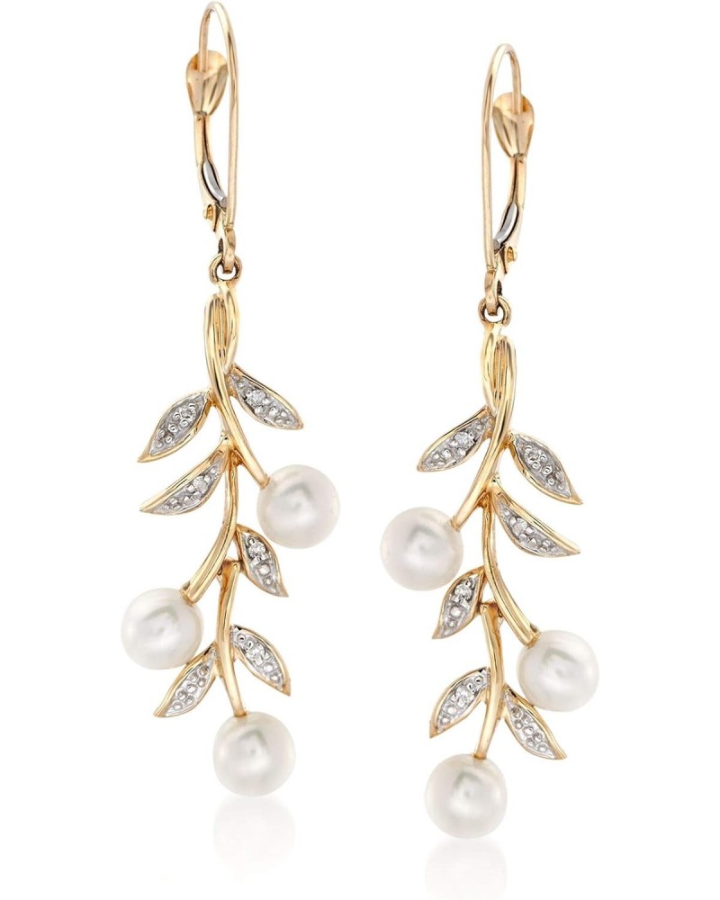 5mm Cultured Pearl and Diamond Accent Leaf Drop Earrings in 14kt Yellow Gold $228.48 Earrings