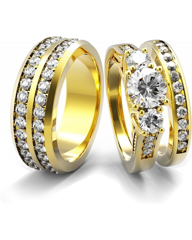 Couple Ring Bridal Set His Hers White Gold Plated CZ Stainless Steel Wedding Ring Band Set Yellow women's size 8& men's size ...