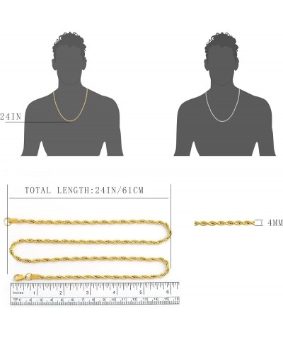 Stainless Steel 4mm Twist Rope Chain Necklace, 22" Inches-28" Inches Gold 24" Inches $8.50 Necklaces