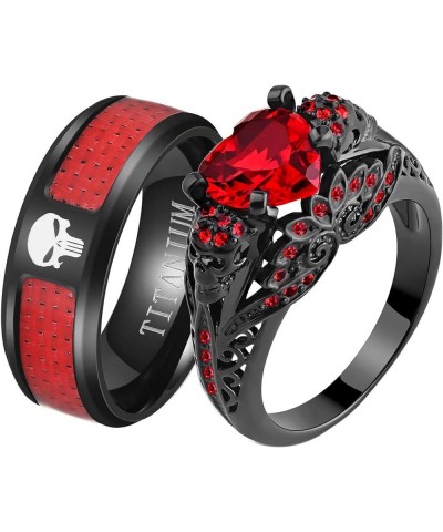 Skull Rings His and Hers Couple Rings Skeleton Rings Heart Green Cz Womens Wedding Ring Punk Ring Red women size7 & men size8...