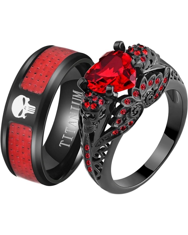 Skull Rings His and Hers Couple Rings Skeleton Rings Heart Green Cz Womens Wedding Ring Punk Ring Red women size7 & men size8...