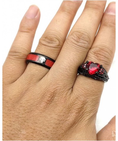 Skull Rings His and Hers Couple Rings Skeleton Rings Heart Green Cz Womens Wedding Ring Punk Ring Red women size7 & men size8...