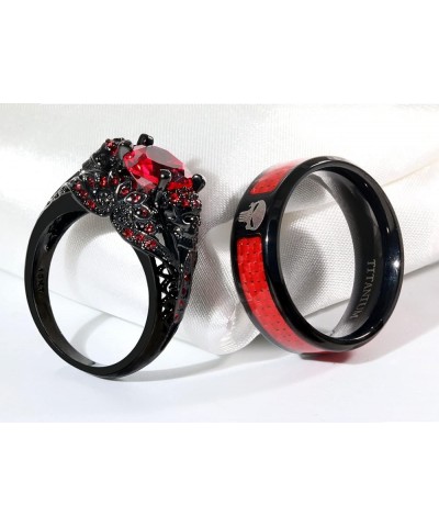 Skull Rings His and Hers Couple Rings Skeleton Rings Heart Green Cz Womens Wedding Ring Punk Ring Red women size7 & men size8...