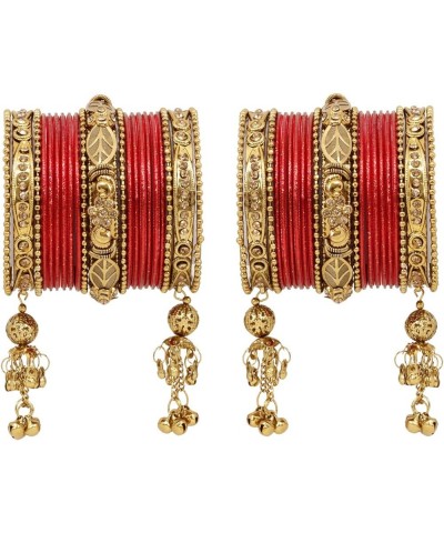 SANARA Traditional Antique Gold Plated Indian Wedding & Festive Occasion 42 Pcs Latken Bangles Set Pair Hanging Jewelry Red 2...