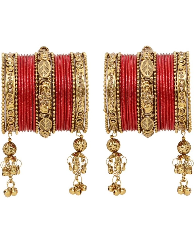 SANARA Traditional Antique Gold Plated Indian Wedding & Festive Occasion 42 Pcs Latken Bangles Set Pair Hanging Jewelry Red 2...