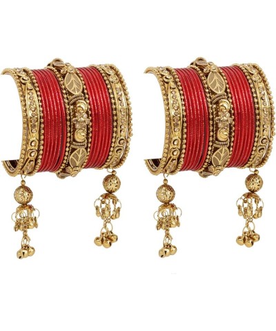 SANARA Traditional Antique Gold Plated Indian Wedding & Festive Occasion 42 Pcs Latken Bangles Set Pair Hanging Jewelry Red 2...