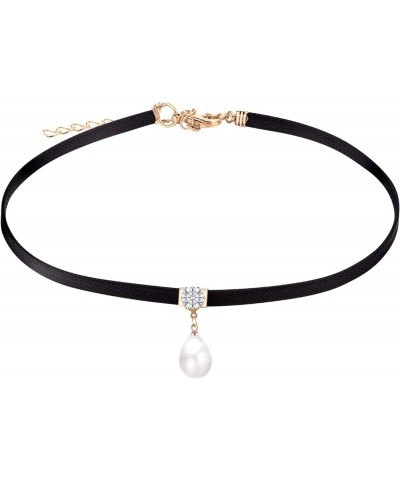 Black Leather Choker Necklace for Women Girls Teen Pearl Drip $9.68 Necklaces