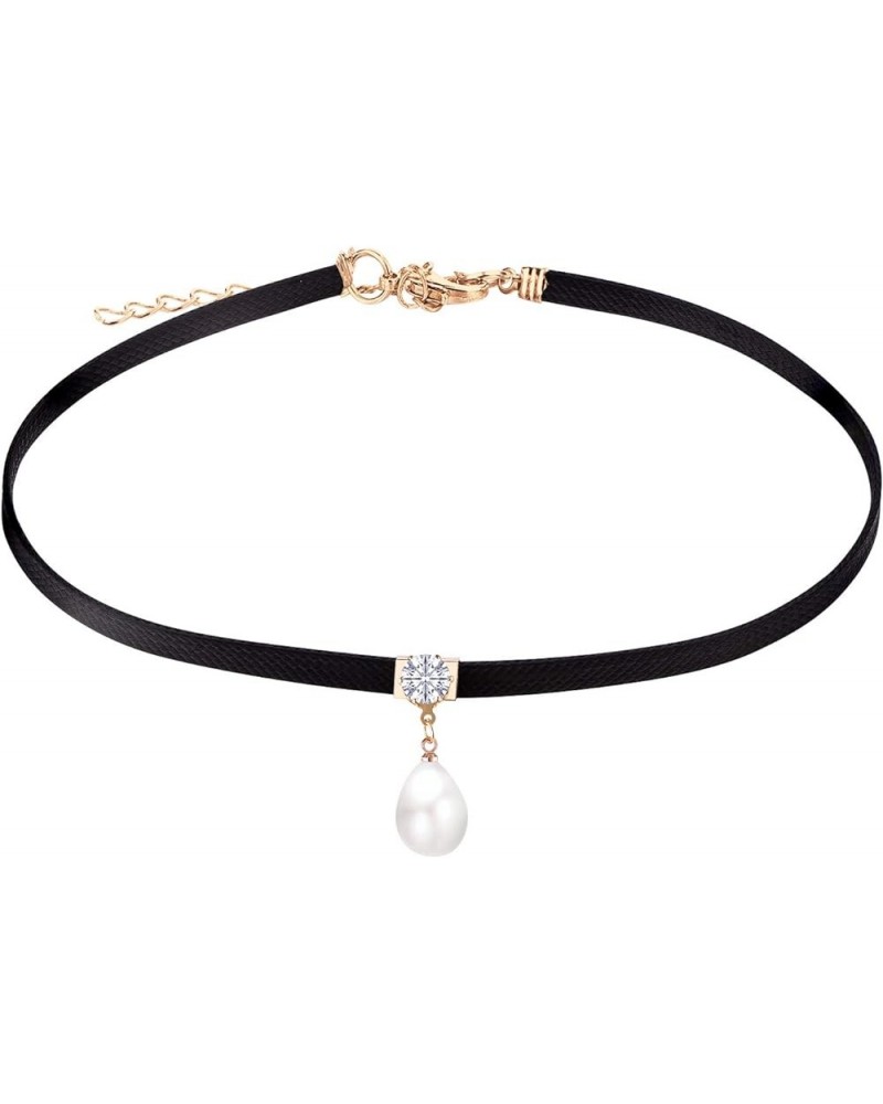 Black Leather Choker Necklace for Women Girls Teen Pearl Drip $9.68 Necklaces