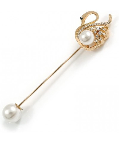 Gold Tone Crystal, Pearl Swan Lapel, Hat, Suit, Tuxedo, Collar, Scarf, Coat Stick Brooch Pin - 65mm L $14.60 Brooches & Pins