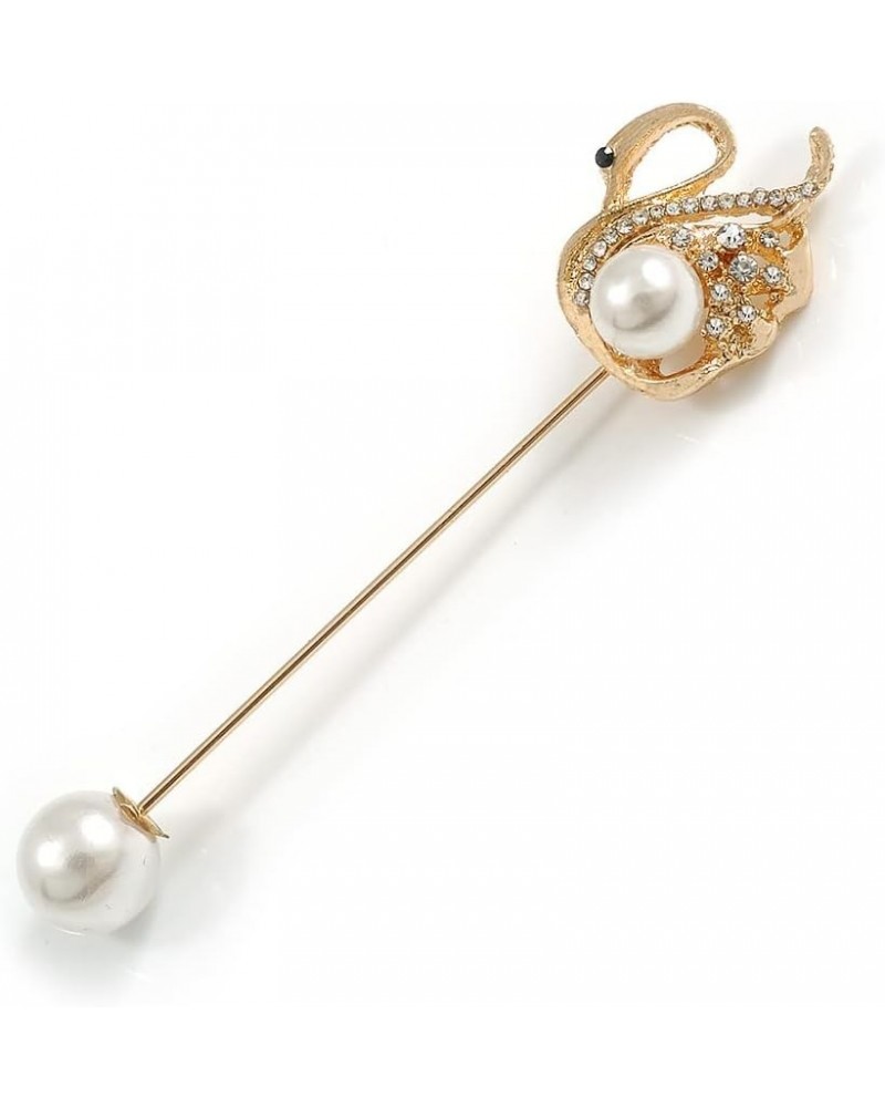 Gold Tone Crystal, Pearl Swan Lapel, Hat, Suit, Tuxedo, Collar, Scarf, Coat Stick Brooch Pin - 65mm L $14.60 Brooches & Pins