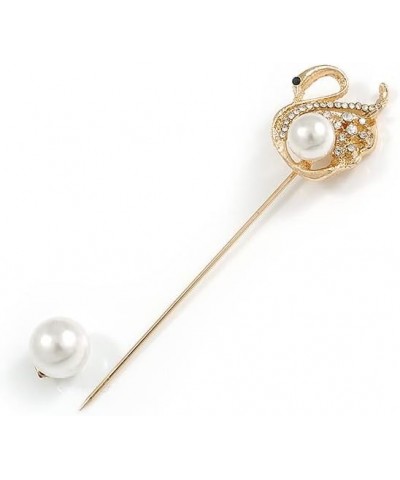 Gold Tone Crystal, Pearl Swan Lapel, Hat, Suit, Tuxedo, Collar, Scarf, Coat Stick Brooch Pin - 65mm L $14.60 Brooches & Pins